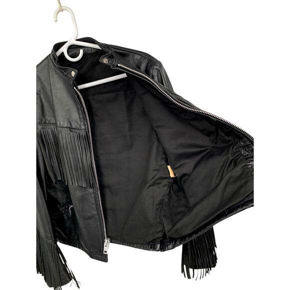 Vintage Black Leather Fringe Motorcycle Biker Jacket Women's Med - Picture 12 of 16